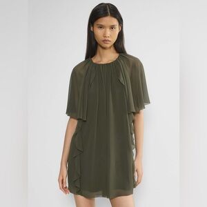 Aritzia Wilfred Capelet Dress Ruffled Chiffon Crewneck Mini Dress, Dark Olive, S